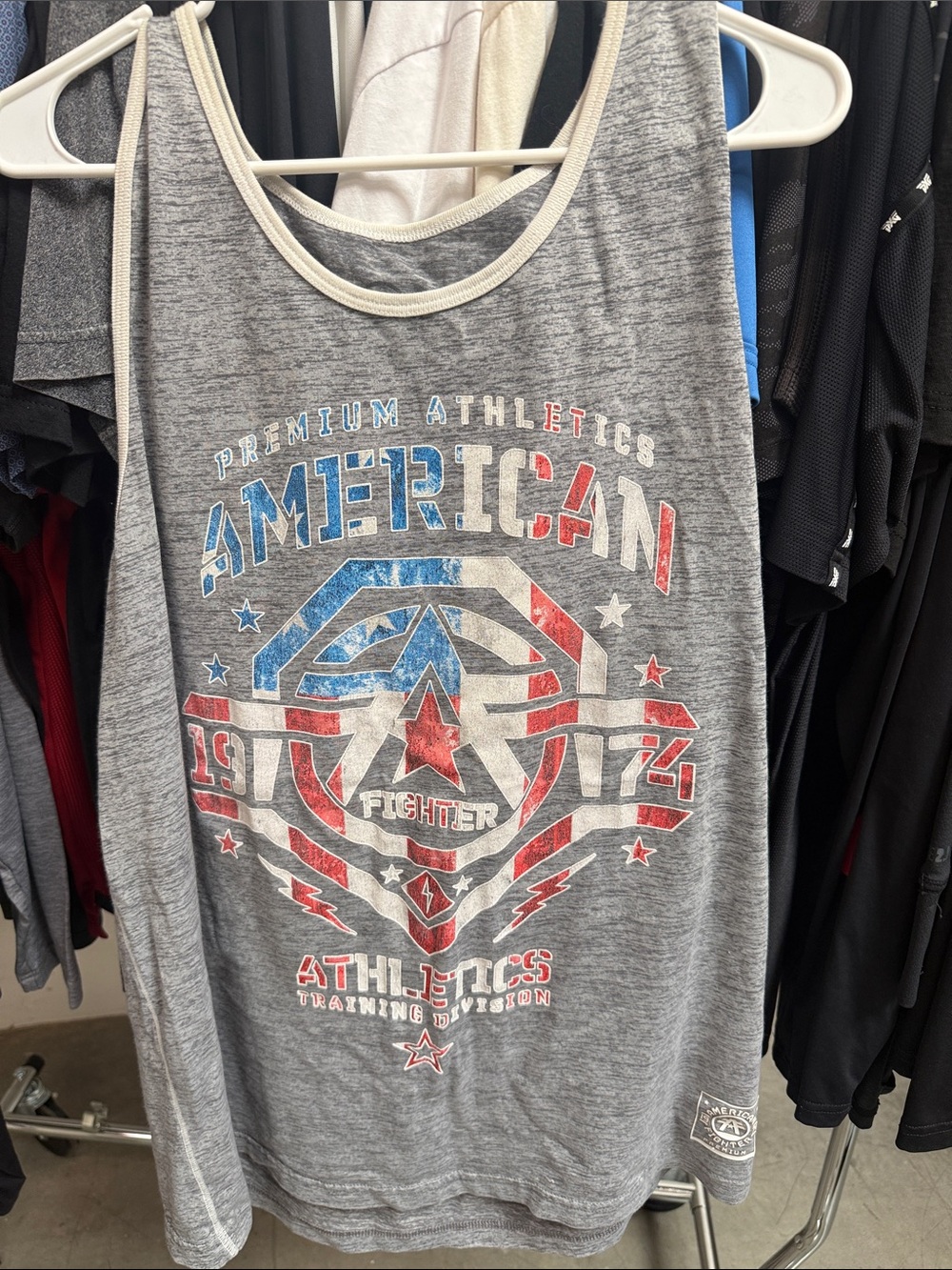 American Fighter Gray Tank Top with Red & Blue Graphic